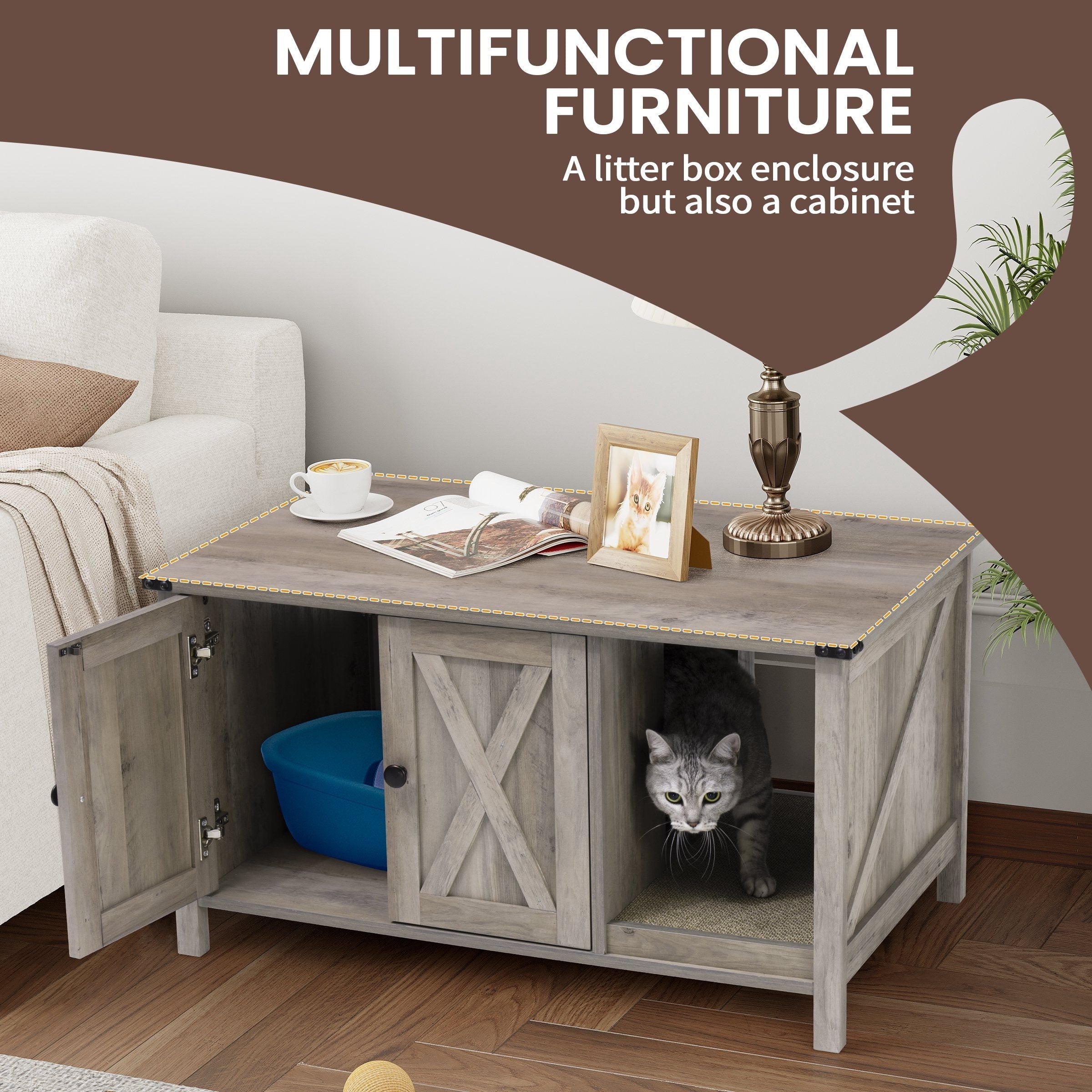 Cat Litter Box Enclosure, Hidden Wood Cat Washroom Furniture with Scratching Post