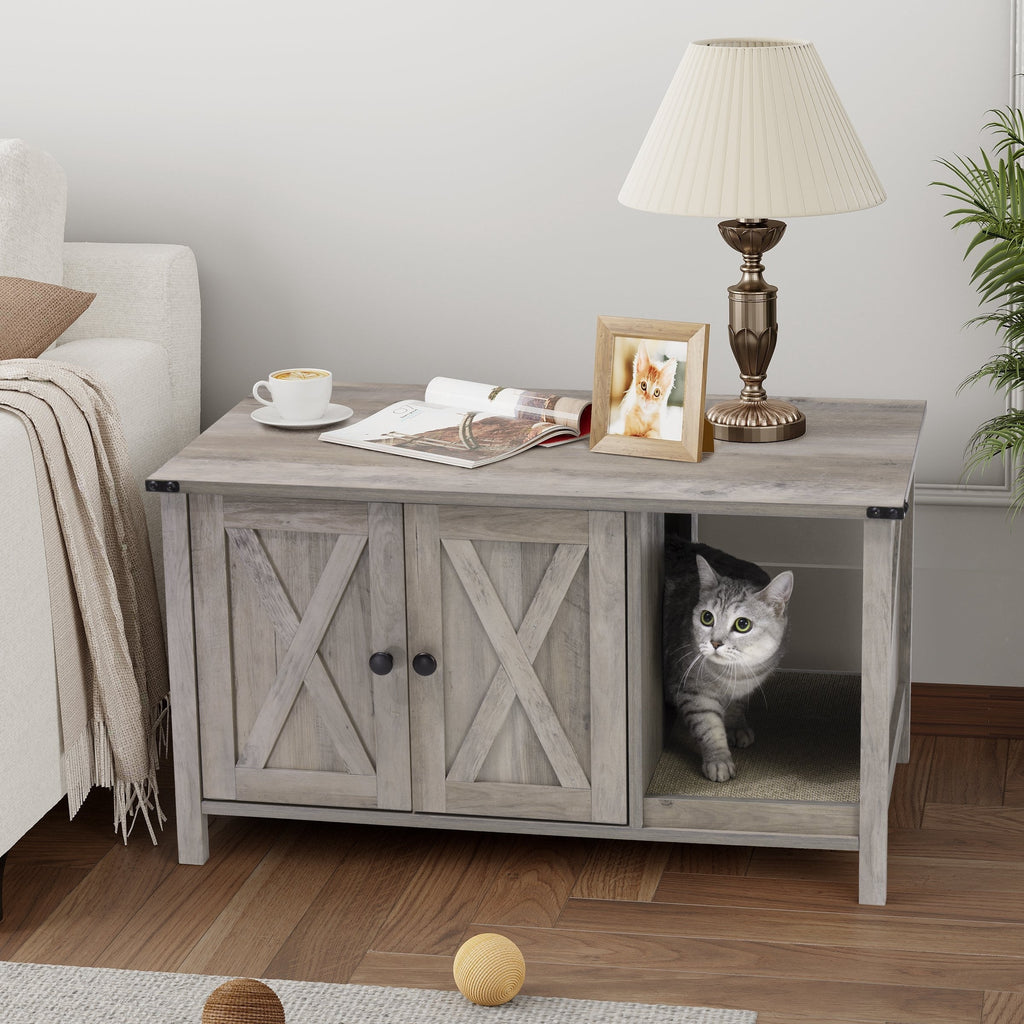 Cat Litter Box Enclosure, Hidden Wood Cat Washroom Furniture with Scratching Post