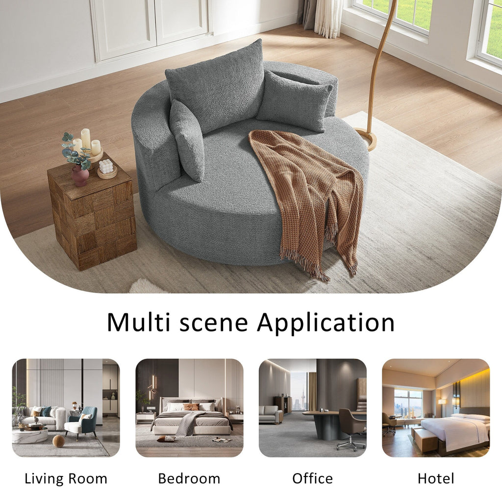 Chenille Accent Barrel Chair Lounge Chair, Round Sofa Chair Armchair with 360-Degree Swivel Base and 3 Removable Pillows