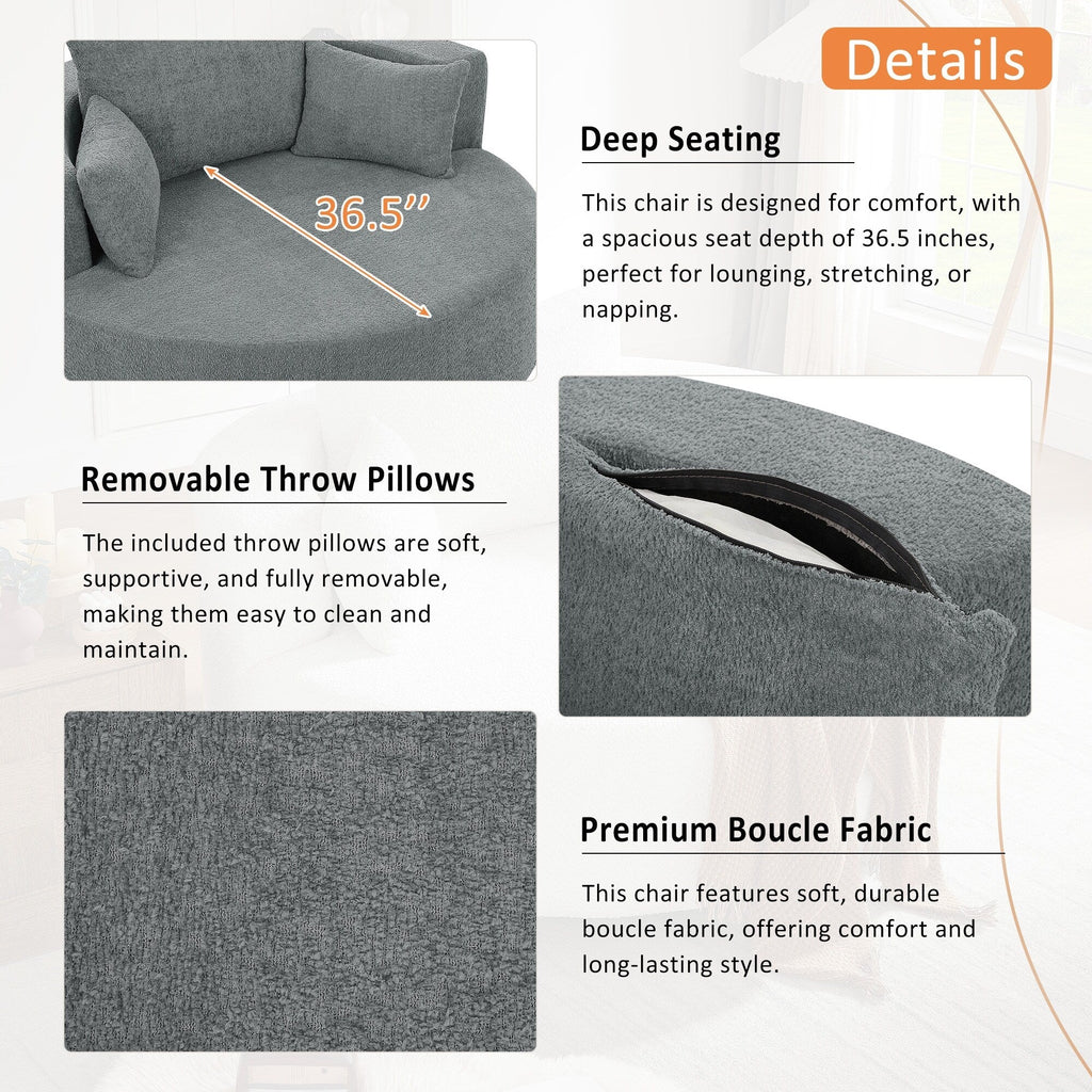 Chenille Accent Barrel Chair Lounge Chair, Round Sofa Chair Armchair with 360-Degree Swivel Base and 3 Removable Pillows