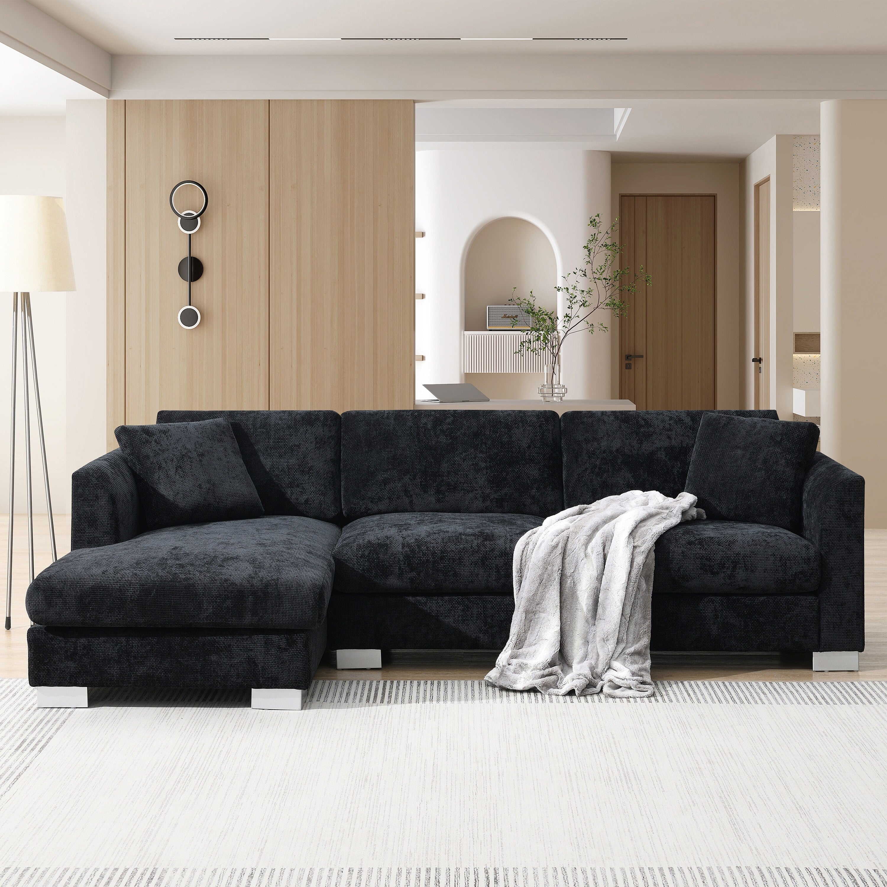 Cloud Sectional Sofa,L-Shaped Luxury Couch Set With 2 Free Pillows,4-Seat Chenille Indoor Furniture With Oversized Chaise