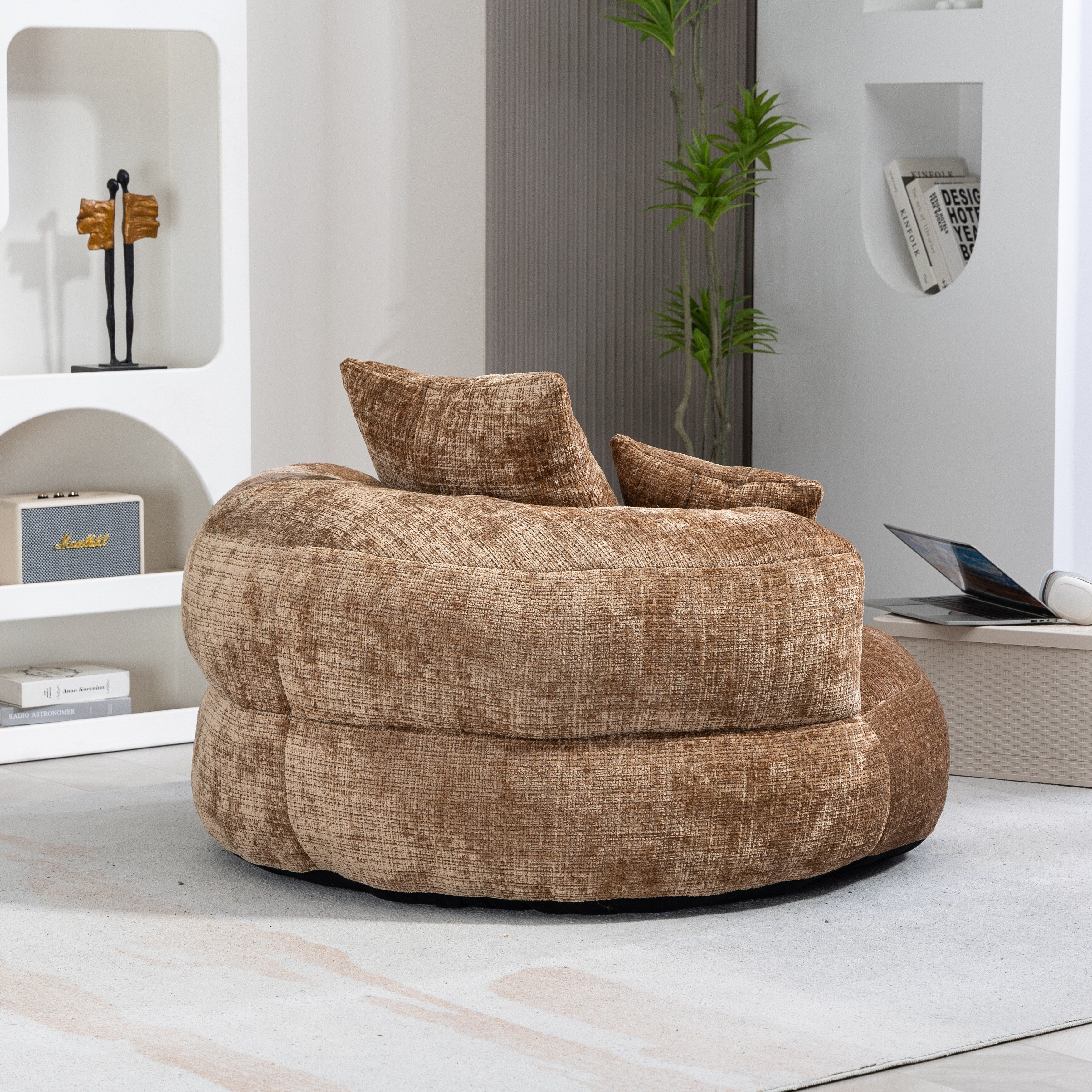 Coffee Oversized 42.52 Chenille Lazy Bean Bag Single Sofa with Three Pillows for Bedroom