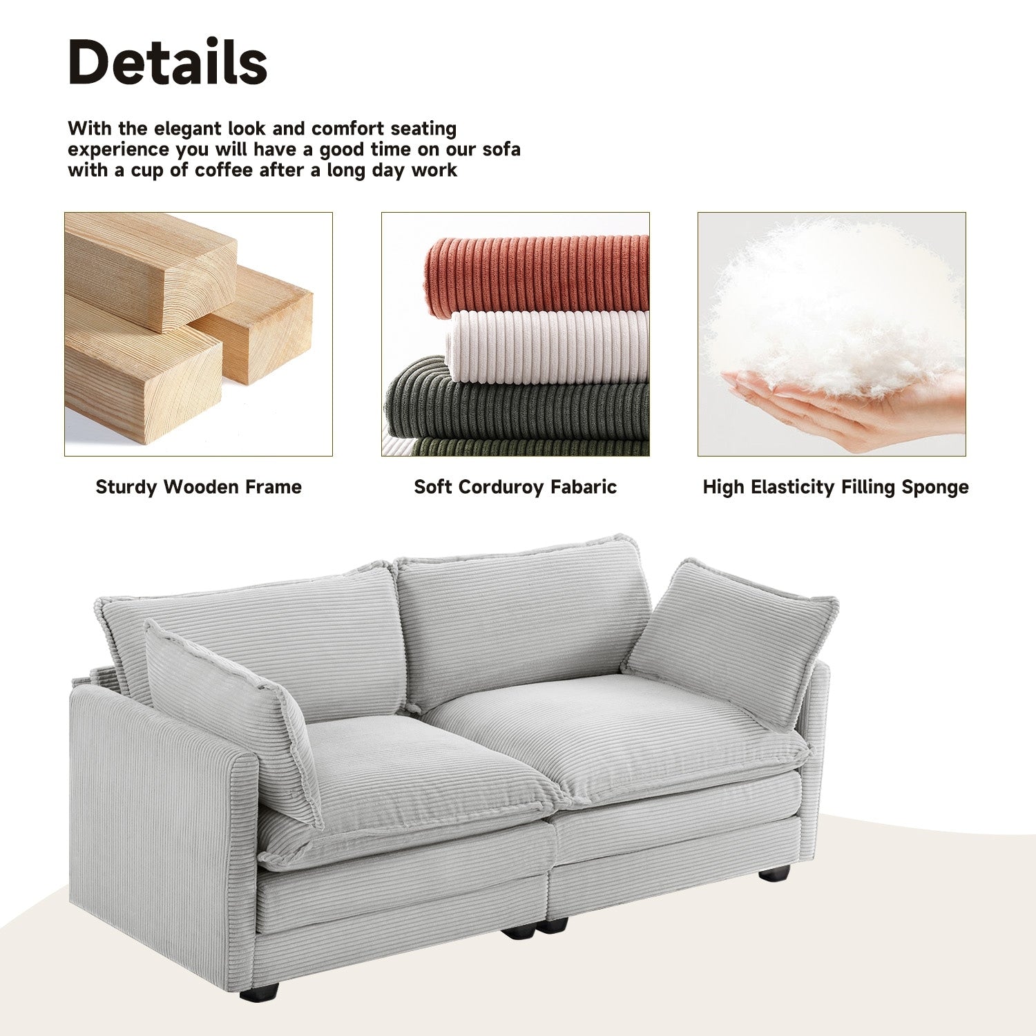 Corduroy Sectional Sofa with Removable Ottomans & Ultra-soft Cushions for Living Room & Bedroom