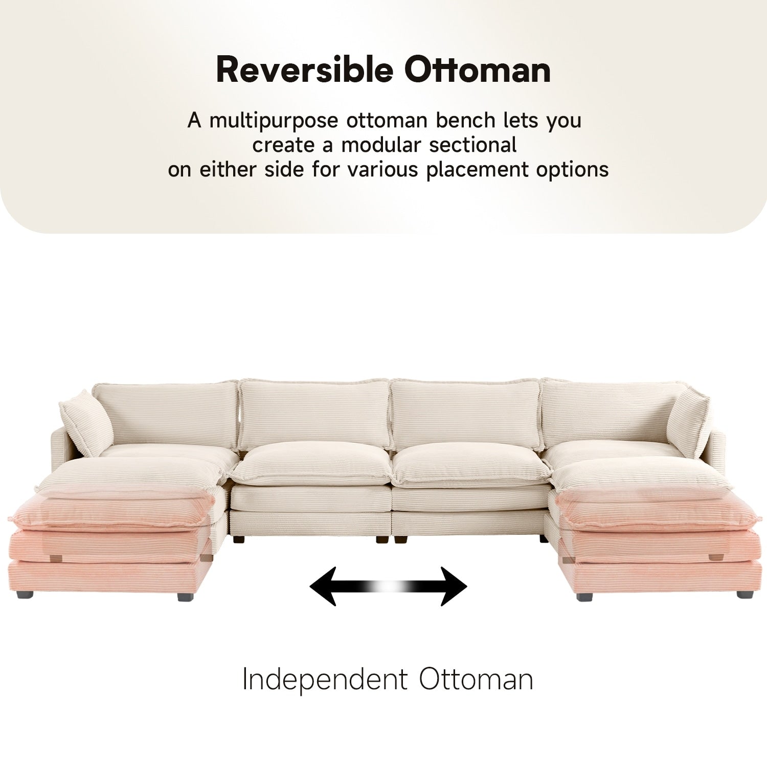 Corduroy Sectional Sofa with Removable Ottomans & Ultra-soft Cushions for Living Room & Bedroom
