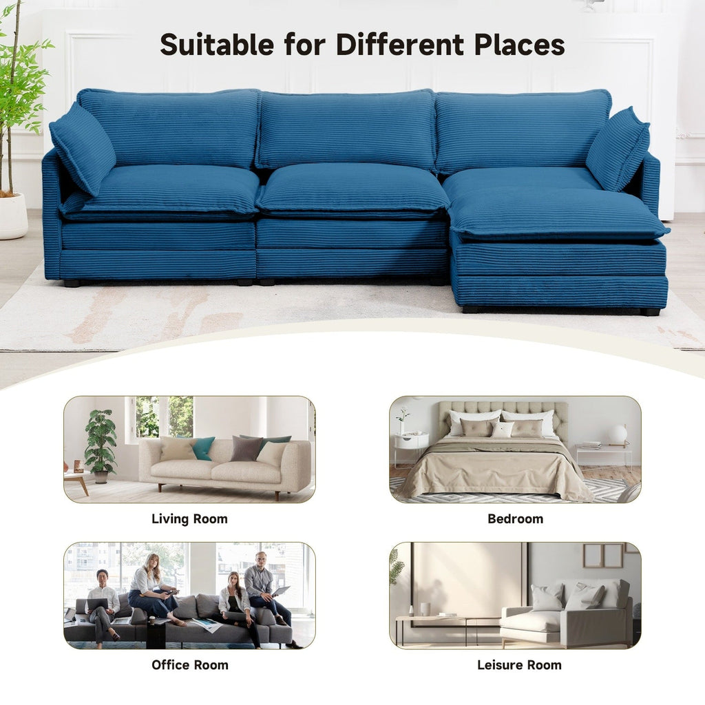 Corduroy Sectional Sofa with Removable Ottomans & Ultra-soft Cushions for Living Room & Bedroom