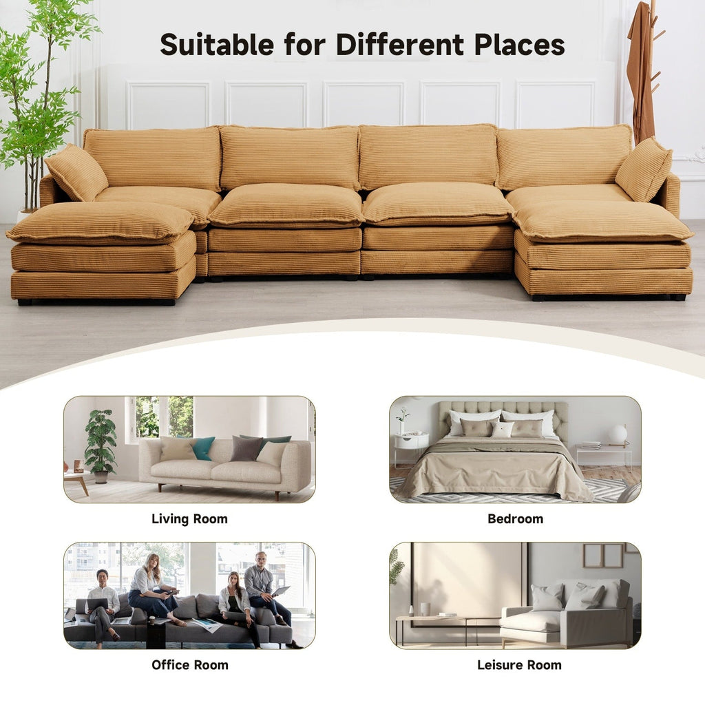 Corduroy Sectional Sofa with Removable Ottomans & Ultra-soft Cushions for Living Room & Bedroom