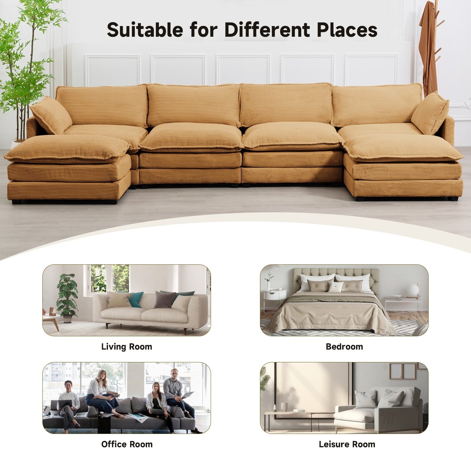 Corduroy Sectional Sofa with Removable Ottomans & Ultra-soft Cushions for Living Room & Bedroom