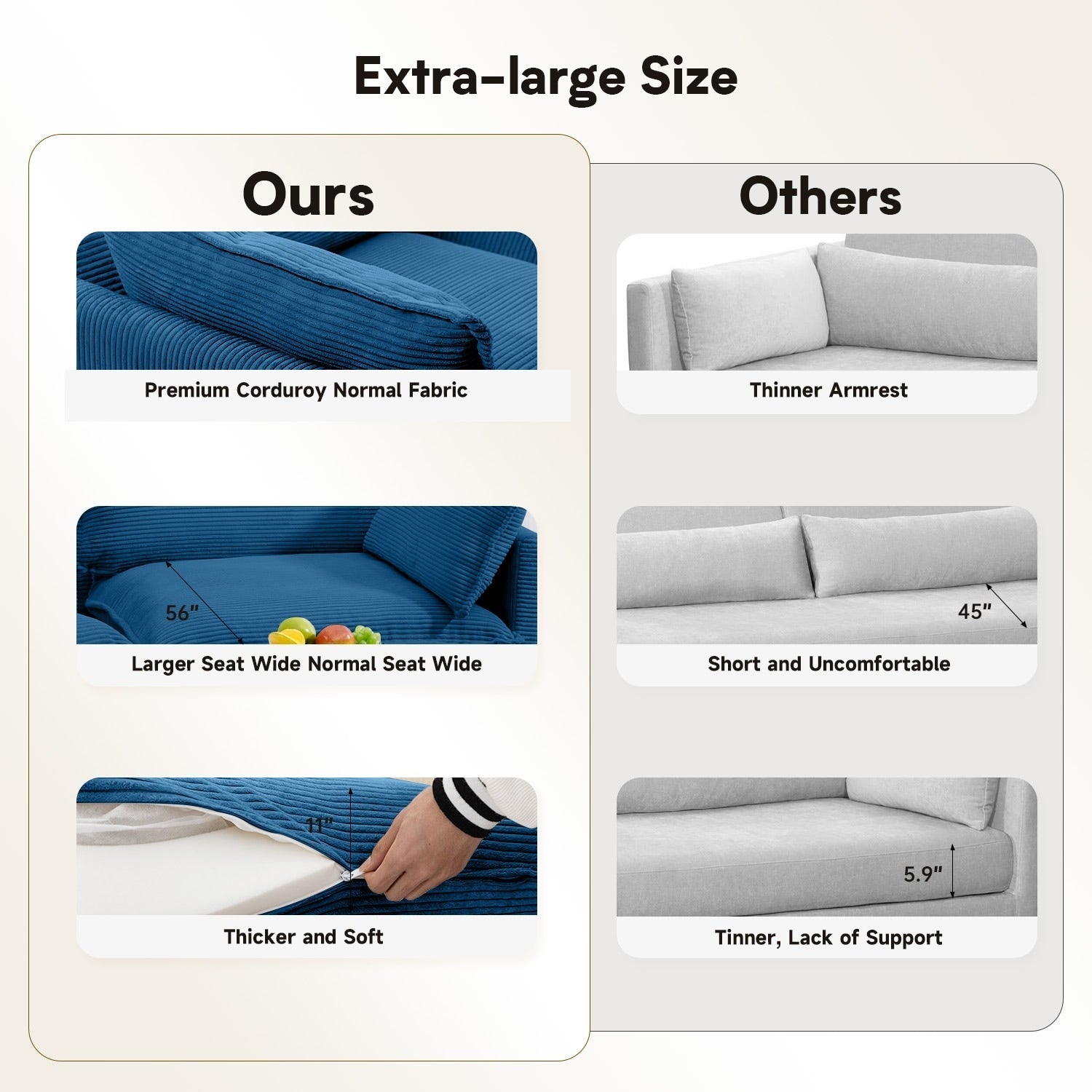 Corduroy Sectional Sofa with Removable Ottomans & Ultra-soft Cushions for Living Room & Bedroom