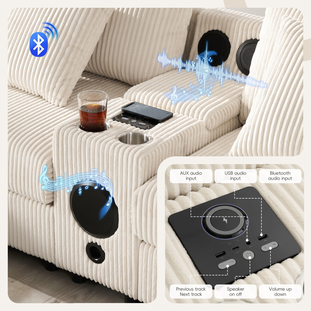Corduroy Sectional Sofa with Bluetooth Speakers, USB Charger, Cup Holders, Storage, Ottoman, Deep and Wide Seat