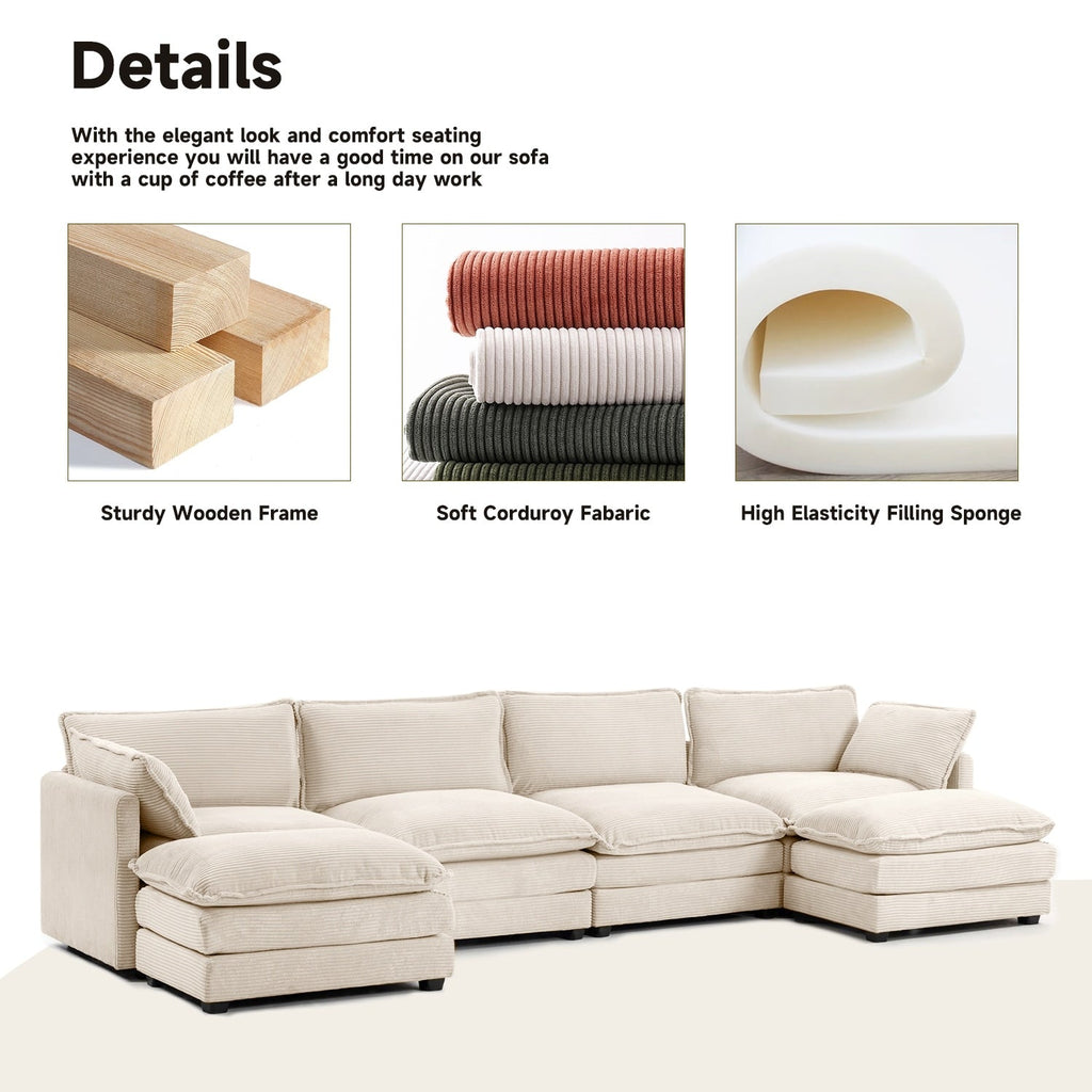 Corduroy Sectional Sofa with Removable Ottomans & Ultra-soft Cushions for Living Room & Bedroom