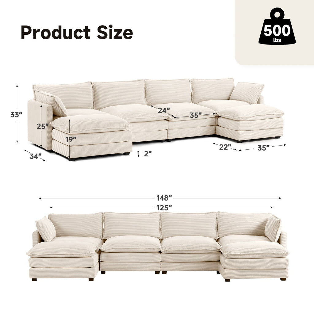 Corduroy Sectional Sofa with Removable Ottomans & Ultra-soft Cushions for Living Room & Bedroom