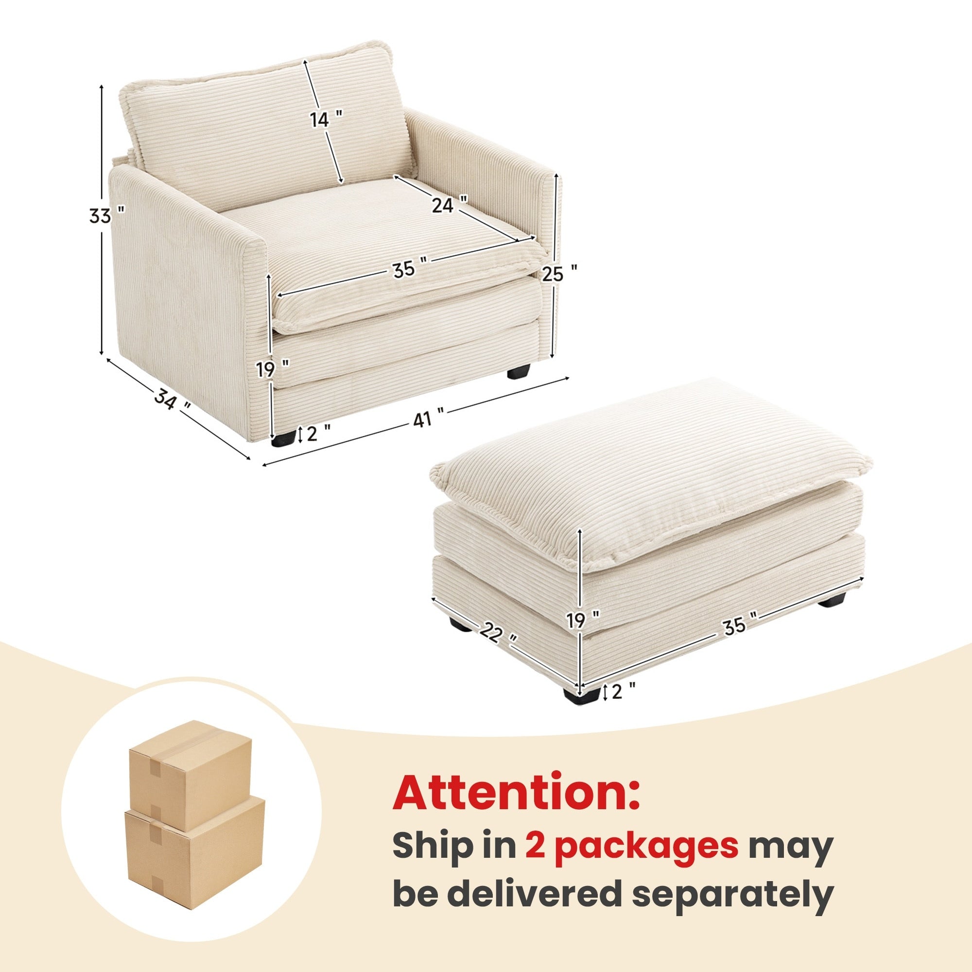 Corduroy Sectional Sofa with Removable Ottomans & Ultra-soft Cushions for Living Room & Bedroom