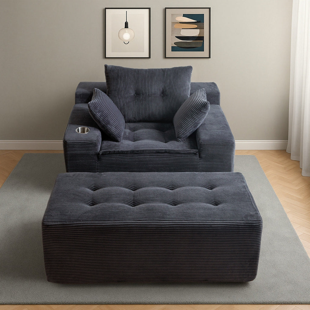 Corduroy Upholstered Memory Foam Sofa With Ottoman Upholstered Bean Bag Couch - 48.4Lx67.7Wx24.4H
