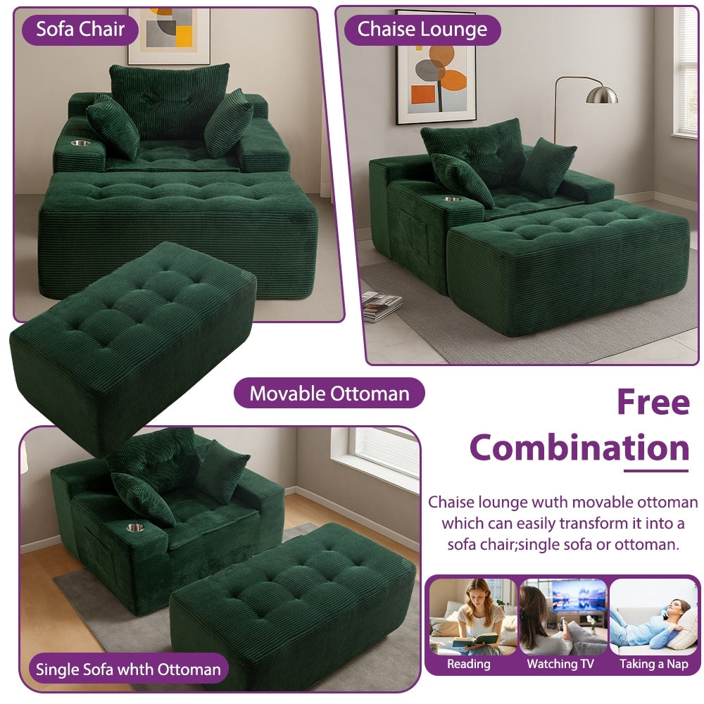 Corduroy Upholstered Memory Foam Sofa With Ottoman Upholstered Bean Bag Couch - 48.4Lx67.7Wx24.4H
