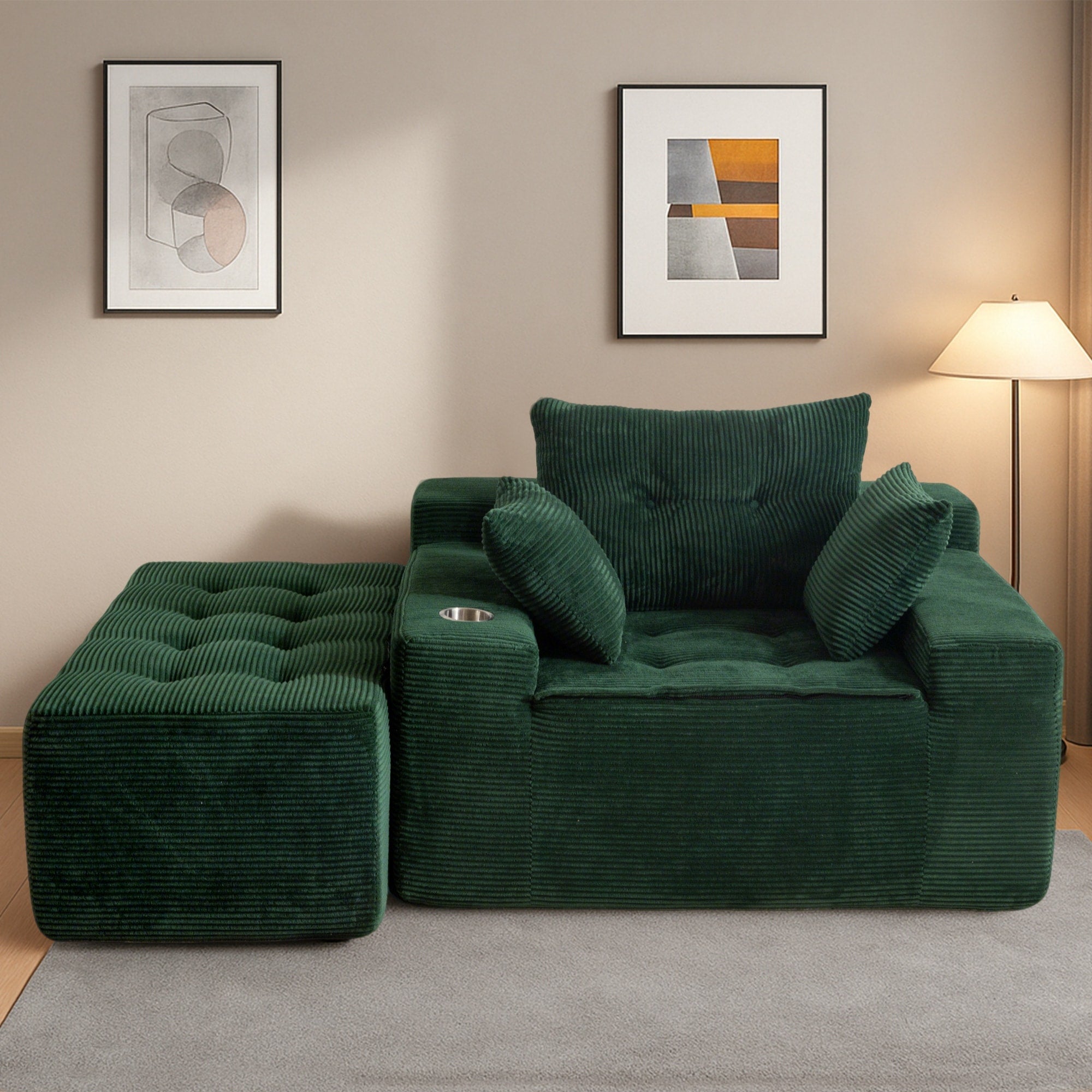 Corduroy Upholstered Memory Foam Sofa With Ottoman Upholstered Bean Bag Couch - 48.4Lx67.7Wx24.4H