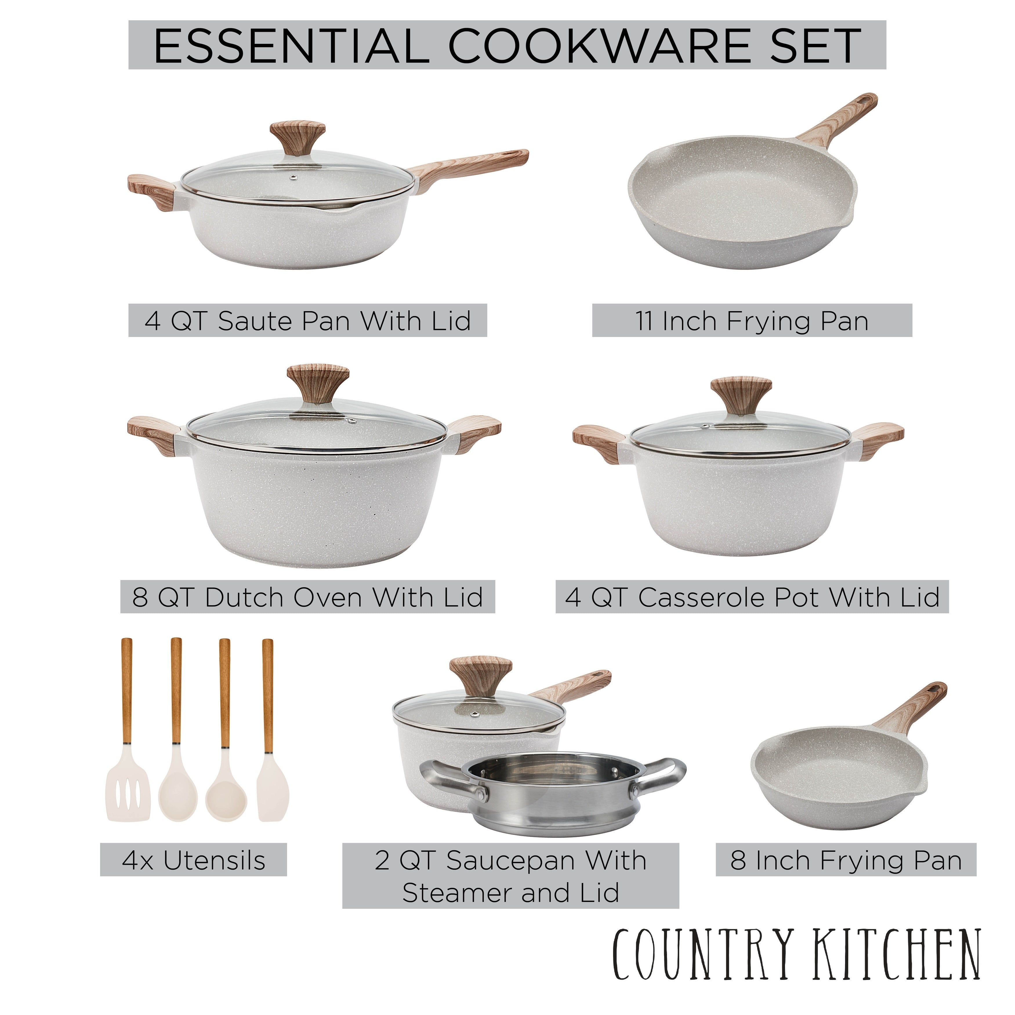 Country Kitchen Non-Stick Cast Aluminum Cookware Set - Durable Kitchen Cookware for Everyday Cooking, 6-11 Pc