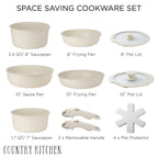 Country Kitchen RV Cookware- 13 Piece Aluminum Pots and Pans with Removable Handle Oven Safe