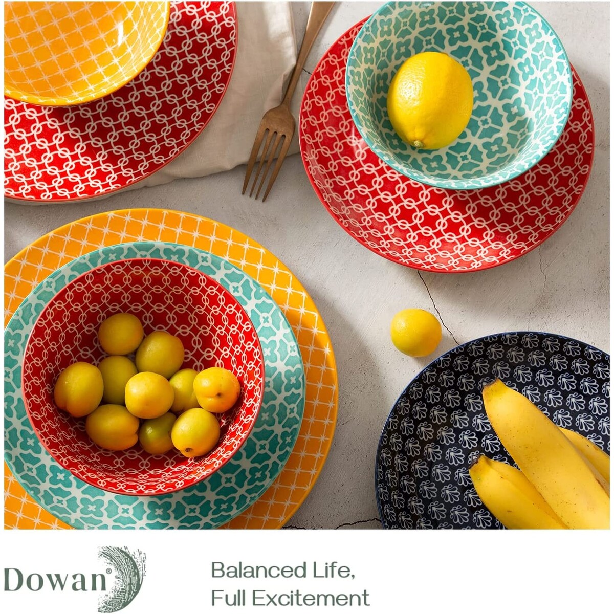 DOWAN Ceramic Plates and Bowls Set, 12-Piece Dinnerware Set for Christmas Decor, Colorful Dish Set for 4