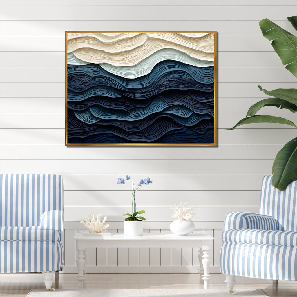 Designart Blue And White Coastal Wave S Edge Coastal Minimalism Blue Wall Decor Coastal Living Room Framed Canvas Art