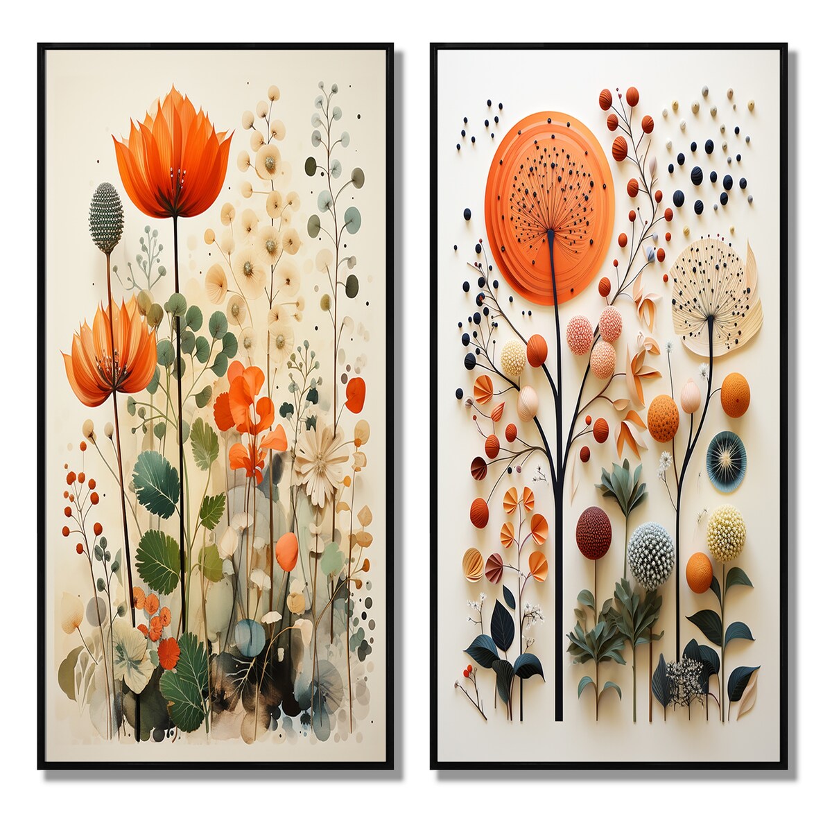 Designart Colorful Botanical Pointillism Abstract Botanicals Framed Wall Art Set Of 2 - Wall Set For Home Decor