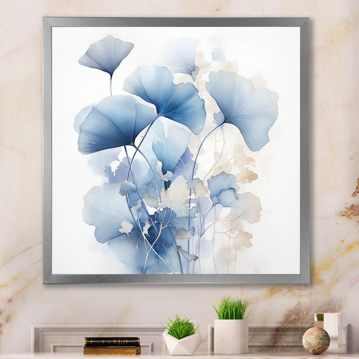 Designart Delicate Blue Ginko Leaves On White Watercolor Leaves Framed Wall Art Living Room