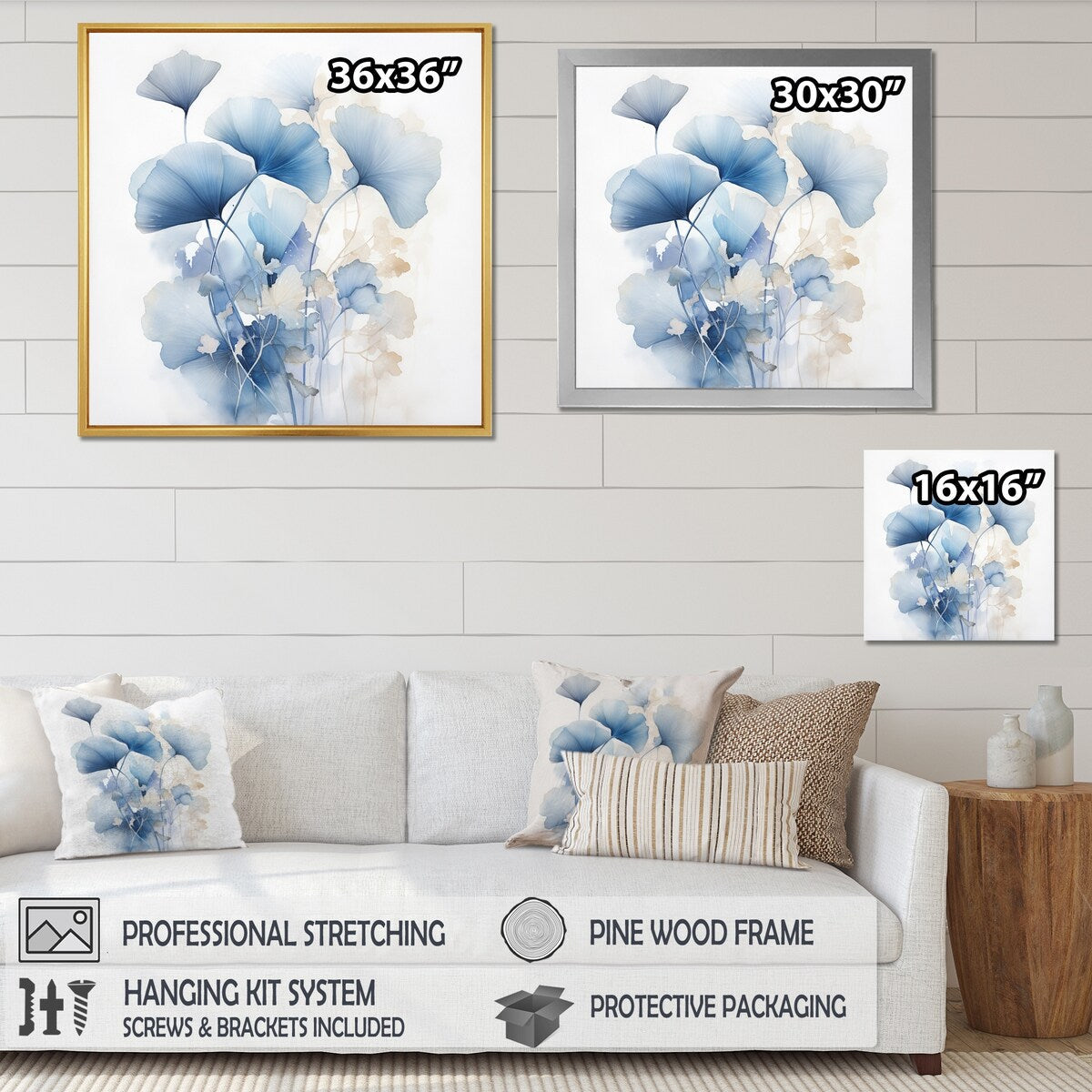 Designart Delicate Blue Ginko Leaves On White Watercolor Leaves Framed Wall Art Living Room