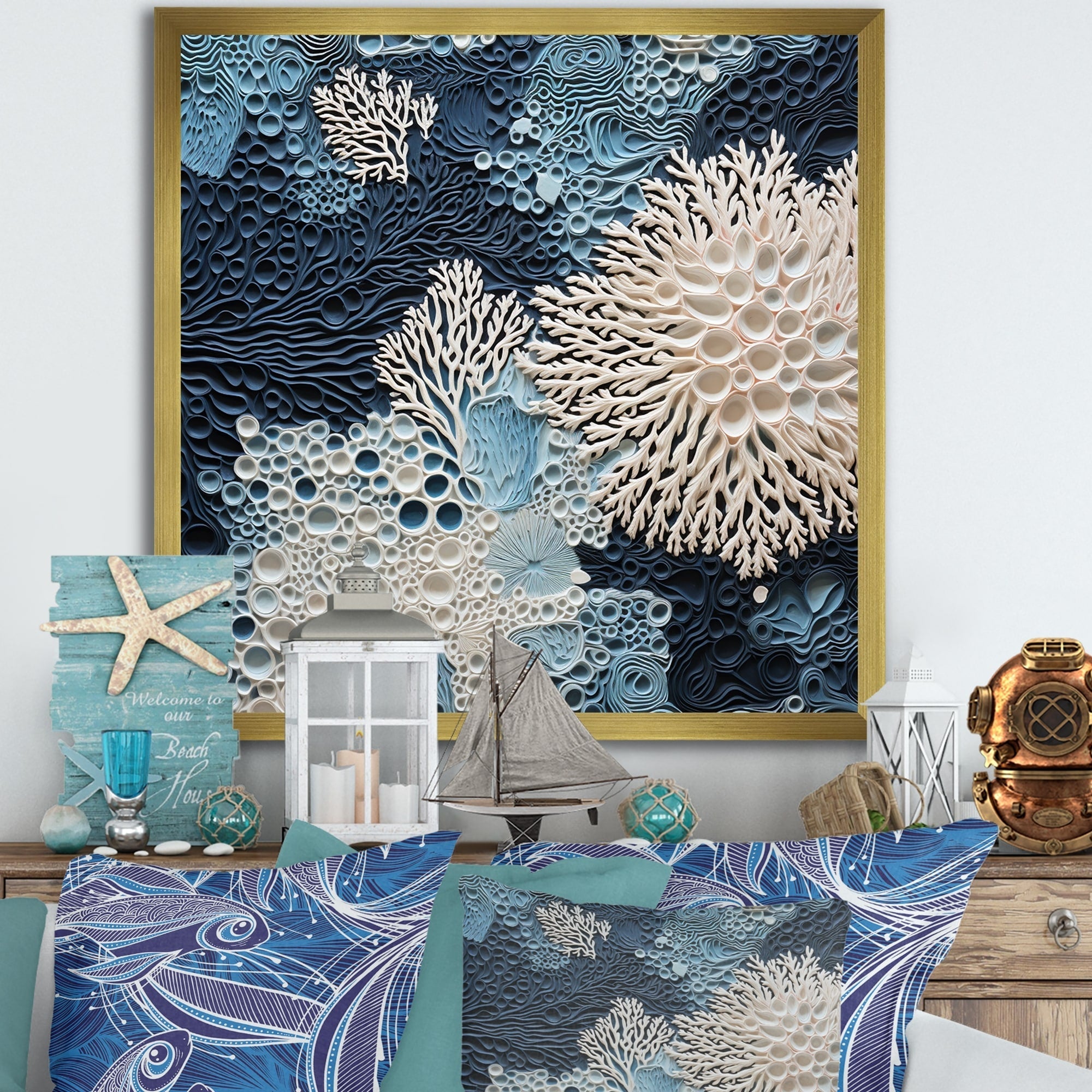 Designart Under Water Blue And White Corals Collage Coastal Framed Canvas Wall Art