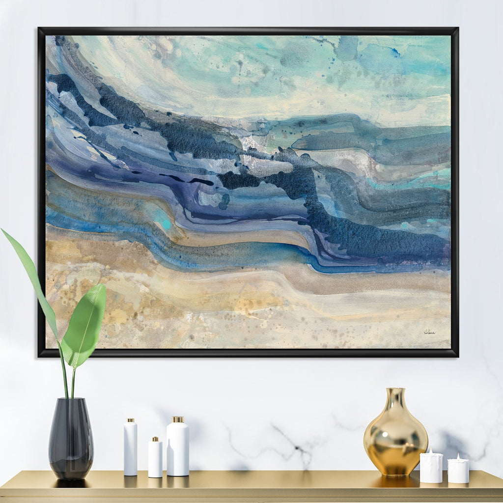 Designart Coast Blue Sea Waves Watercolour Modern Farmhouse Framed Canvas