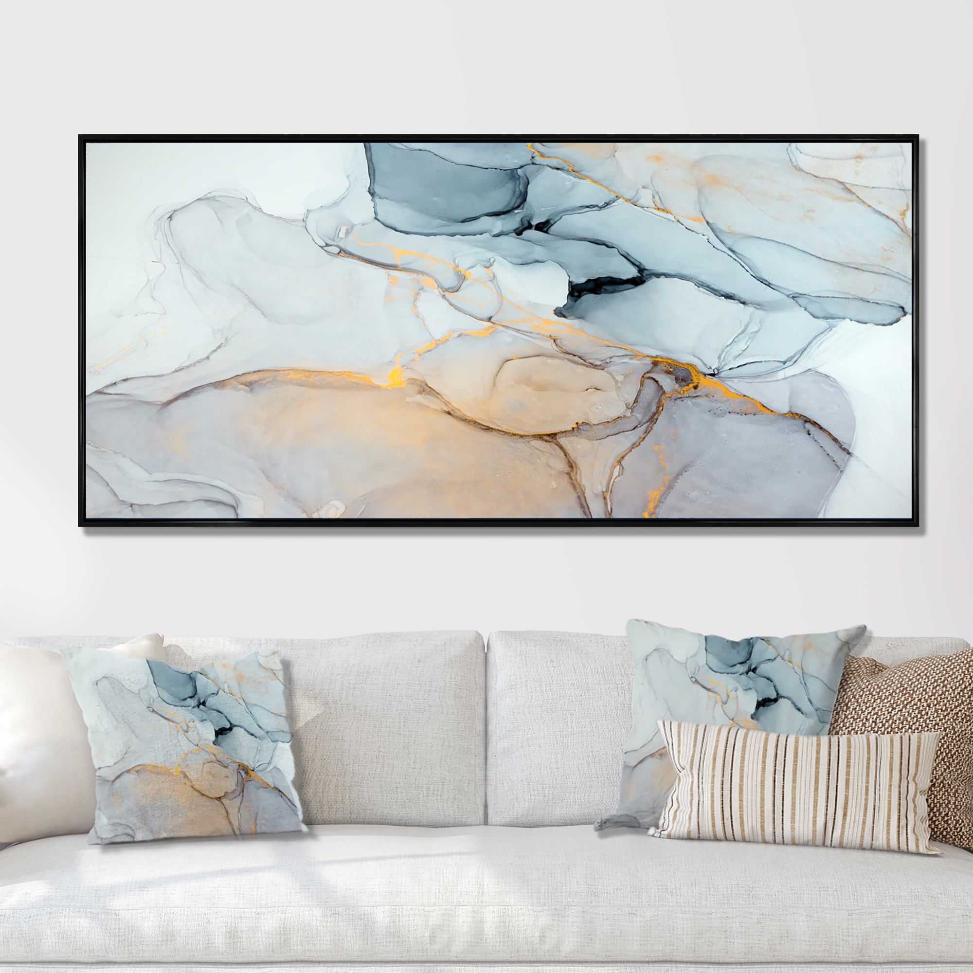 Designart Luxry Blue And Grey Marble Art Ripples II Abstract Framed Canvas Wall Art