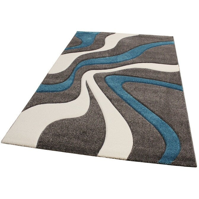 Designer Area Rug with Contour Cut and Modern Wave Pattern