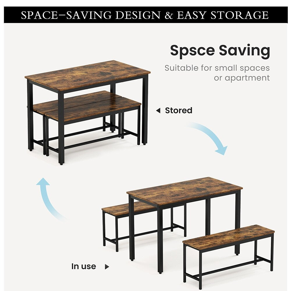 Dining Table Set, Wood Bar Table Set, Kitchen Table w/2 Benches - 3-Piece