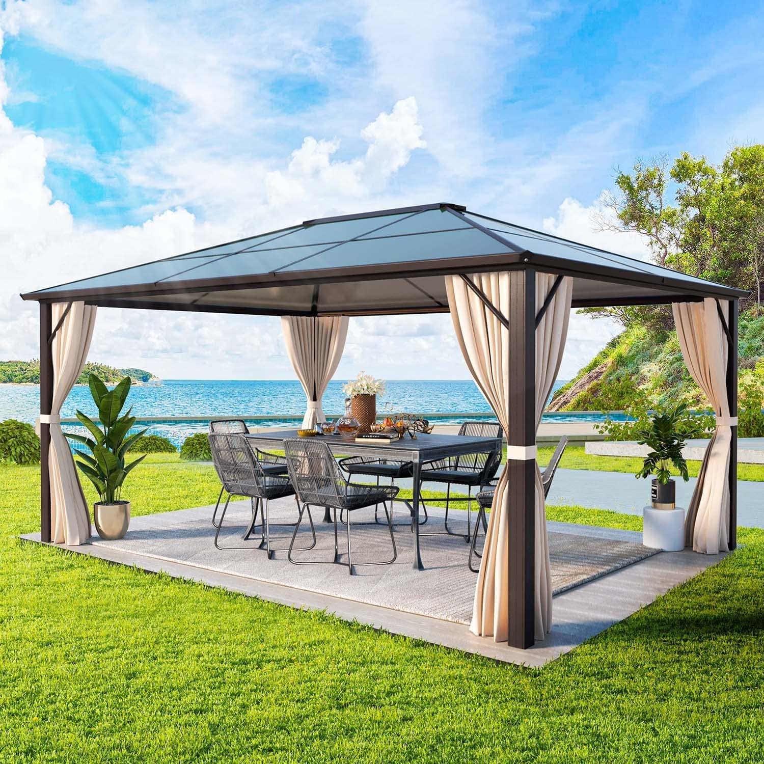 Hardtop Gazebo for Backyard – Permanent Pergola with Netting, Curtains & Double Roof, All-Weather Outdoor Shelter