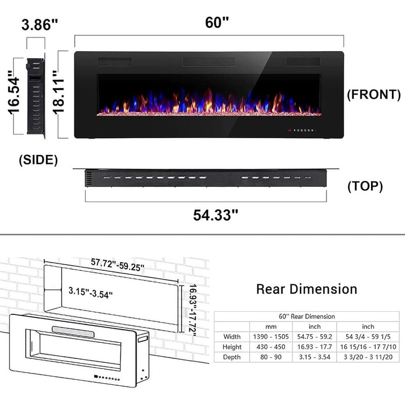 Electric Fireplace Heater Recessed Wall-mounted w/ RC (750-1500W)