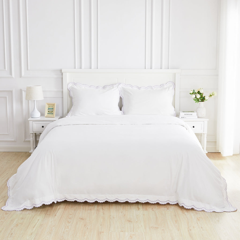 Embroidered Percale Crisp Cotton Double Scallopier Duvet Set and Sham
