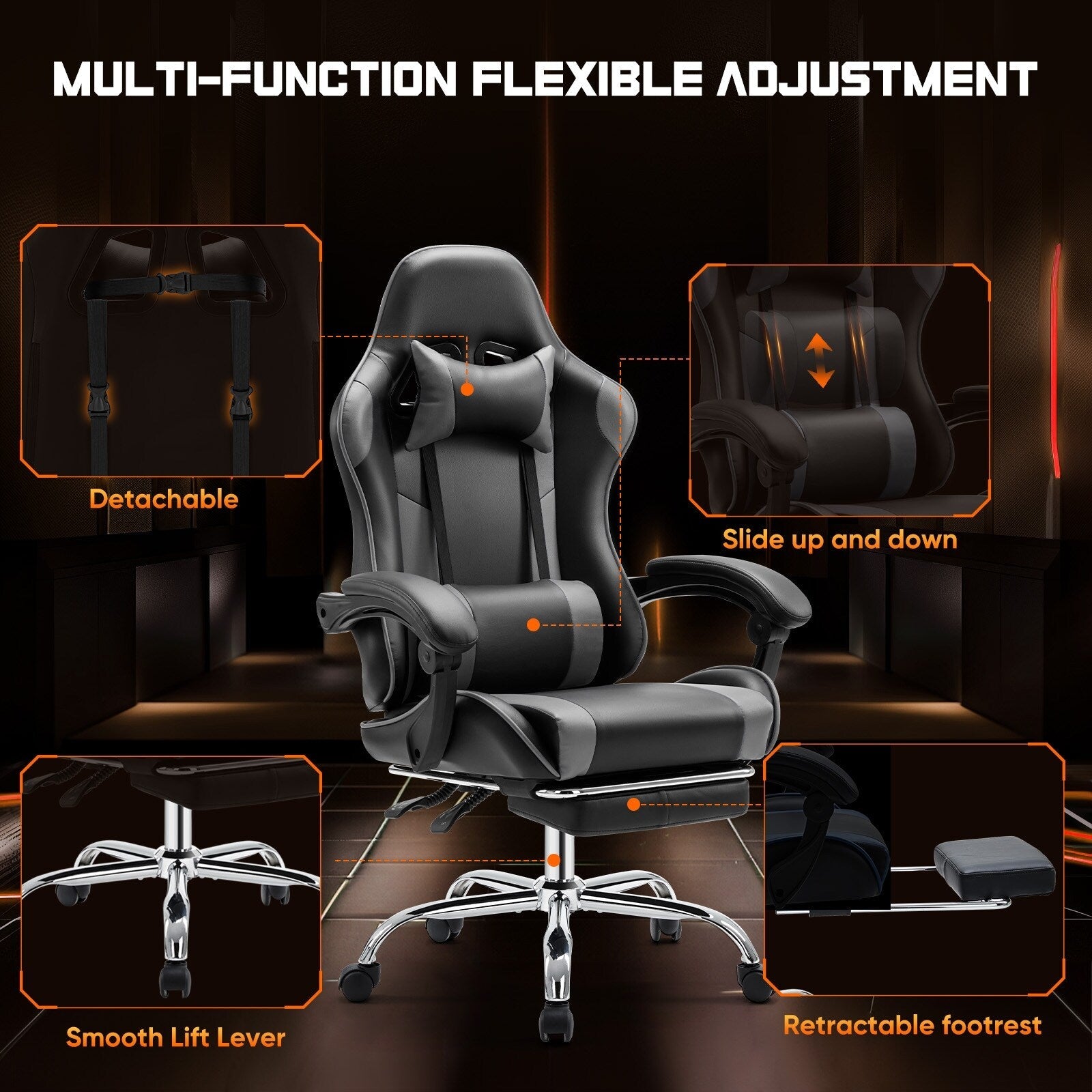 Ergonomic PU Leather 360¡ã Swivel Gaming Recliner with Footrest, Headrest, Lumbar Support, Adjustable Height