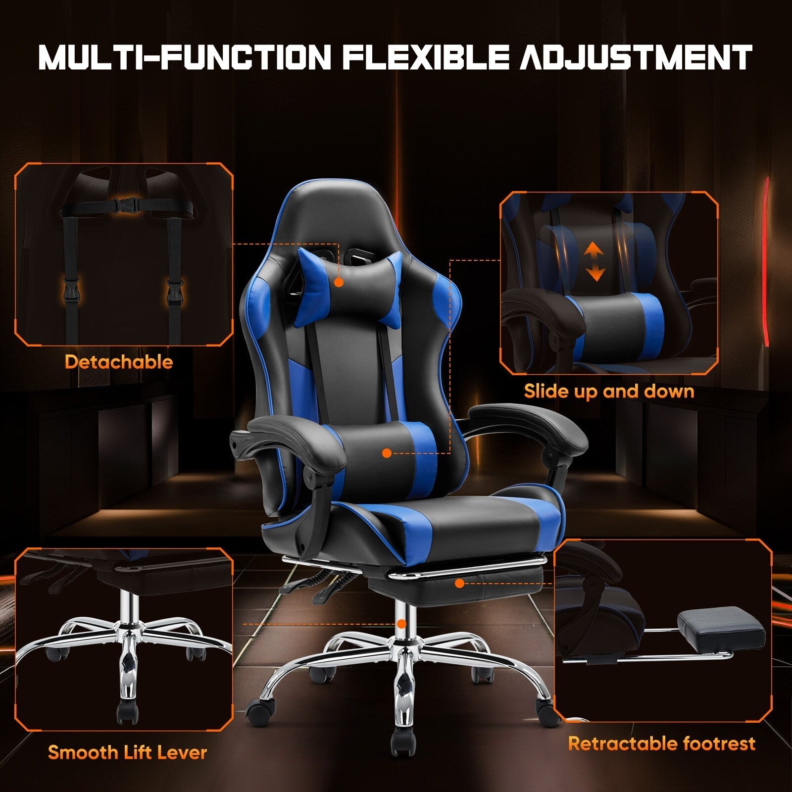 Ergonomic PU Leather 360° Swivel Gaming Recliner with Footrest, Headrest, Lumbar Support, Adjustable Height