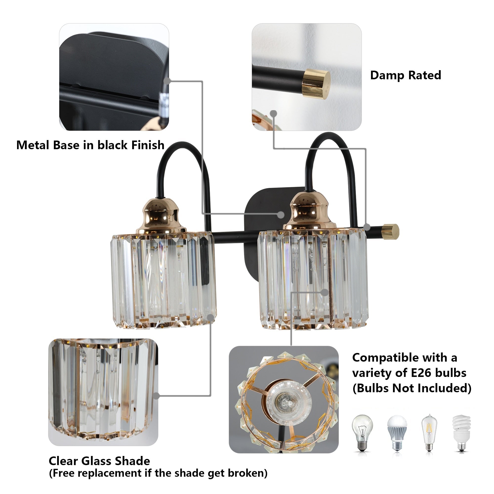 ExBrite Modern Rose Gold 1/2/3/4/5-light Bathroom Dimmable Crystal Vanity Lights Wall Sconces