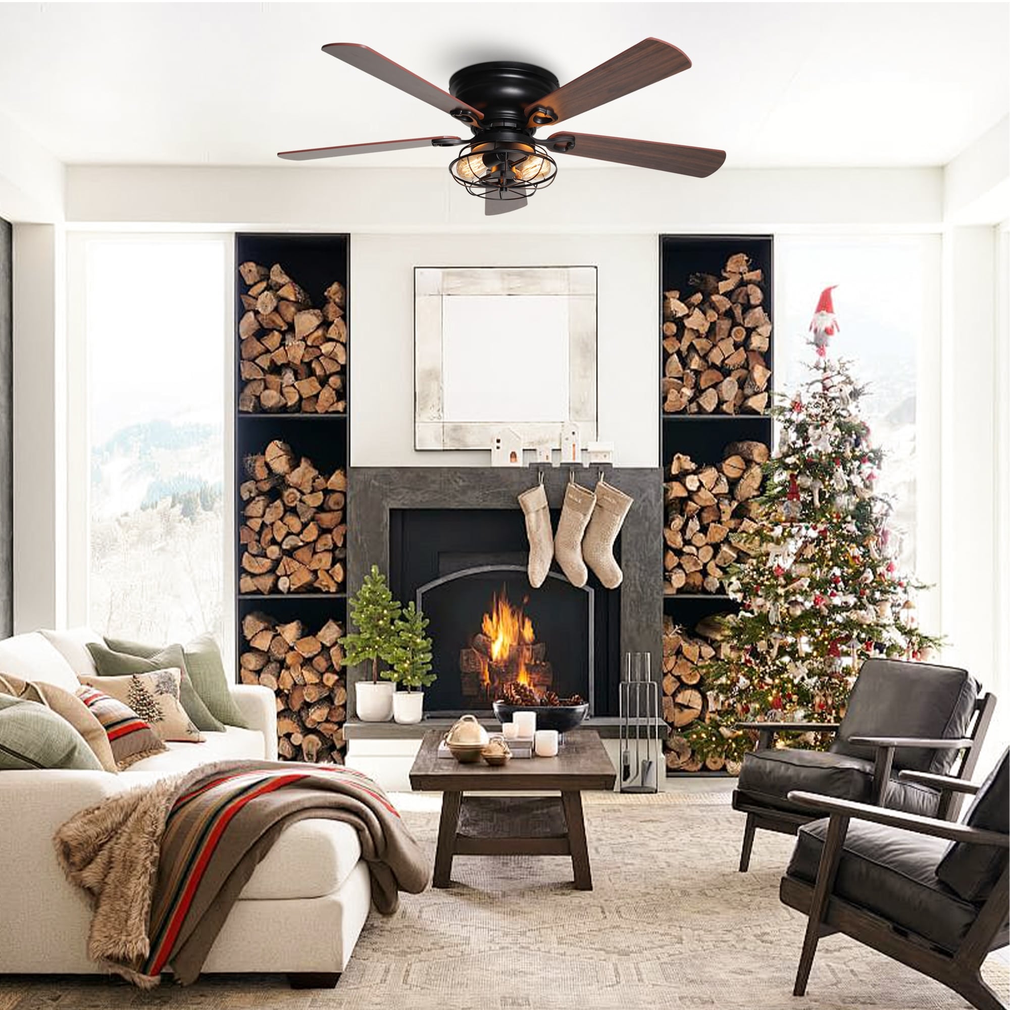 Farmhouse 48-in Wood 5-Blade Low Profile Flush Mount Black Ceiling Fan with Remote and Light Kit