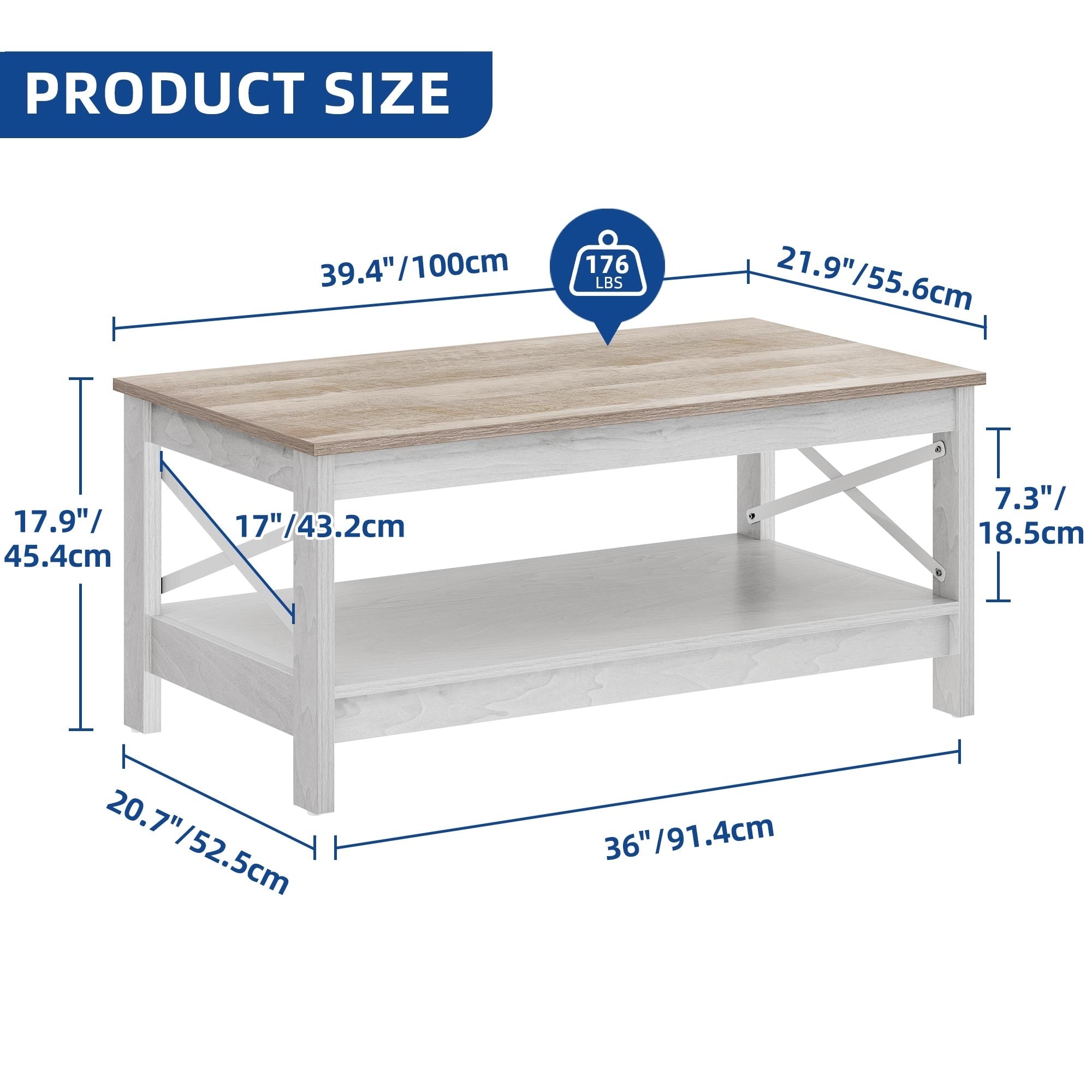 Farmhouse Coffee Table with Storage 2-Tier Center Table for Living Room