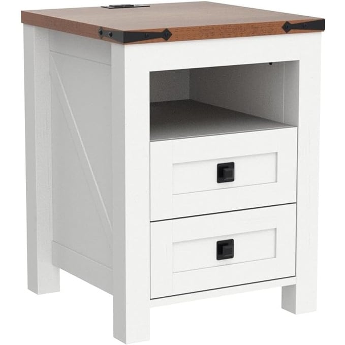 Farmhouse Nightstand with Charging Station, End Table, Side Table