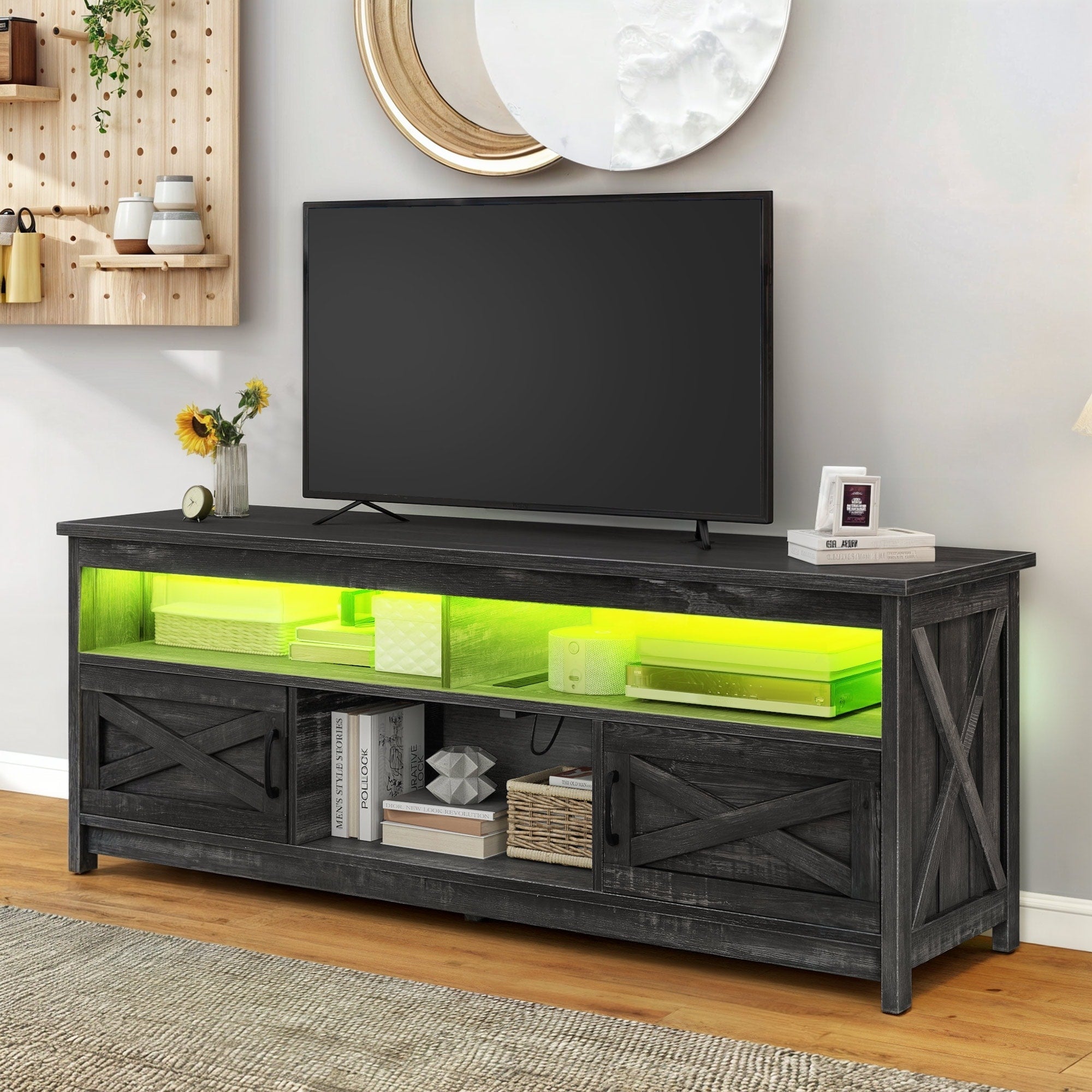 Farmhouse TV Stand for up to 65 TV with Doors and Open Shelves Media Console Power Outlet