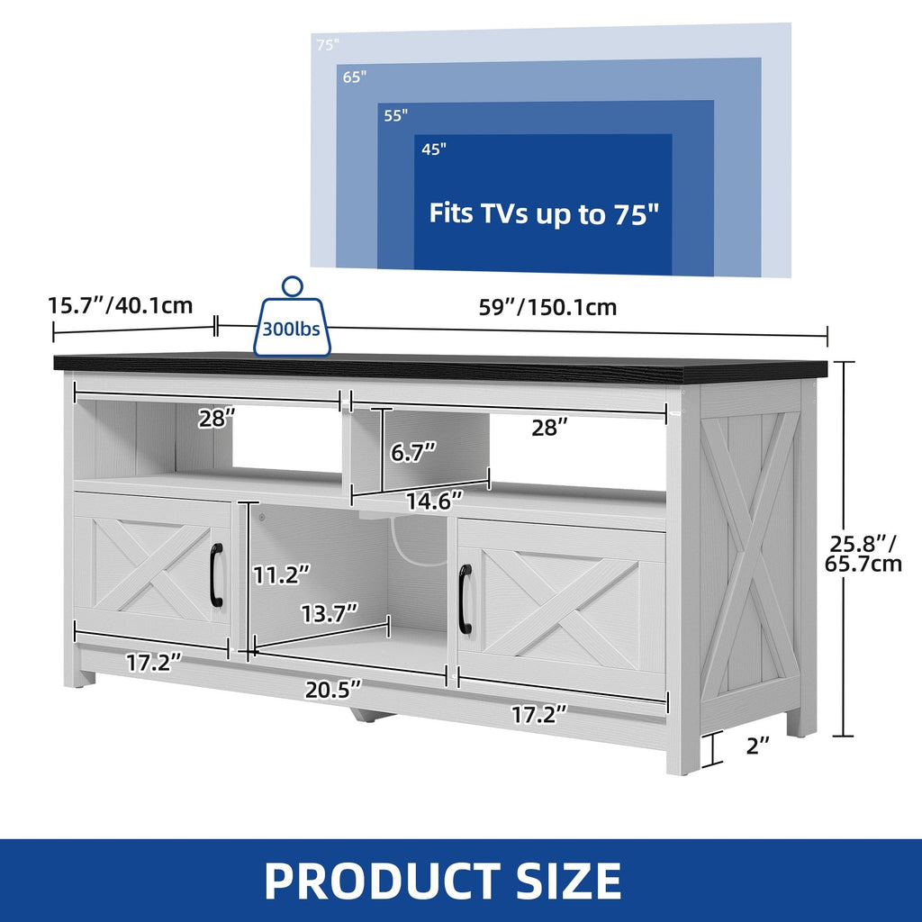 Farmhouse TV Stand for up to 65 TV with Doors and Open Shelves Media Console Power Outlet