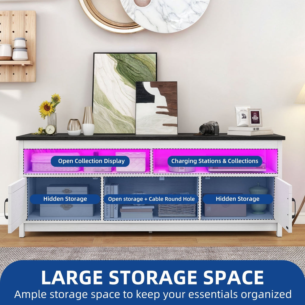 Farmhouse TV Stand for up to 65 TV with Doors and Open Shelves Media Console Power Outlet