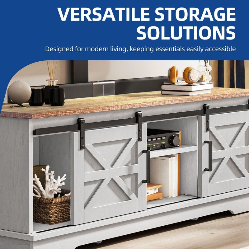 Farmhouse TV Stand for up to 65 TV with Doors and Open Shelves Media Console Power Outlet