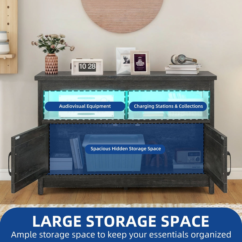 Farmhouse TV Stand for up to 65 TV with Doors and Open Shelves Media Console Power Outlet