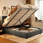 Lift Up Storage Bed Frame, Upholstered Platform Bed Frame with Hydraulic Storage System and Headboard
