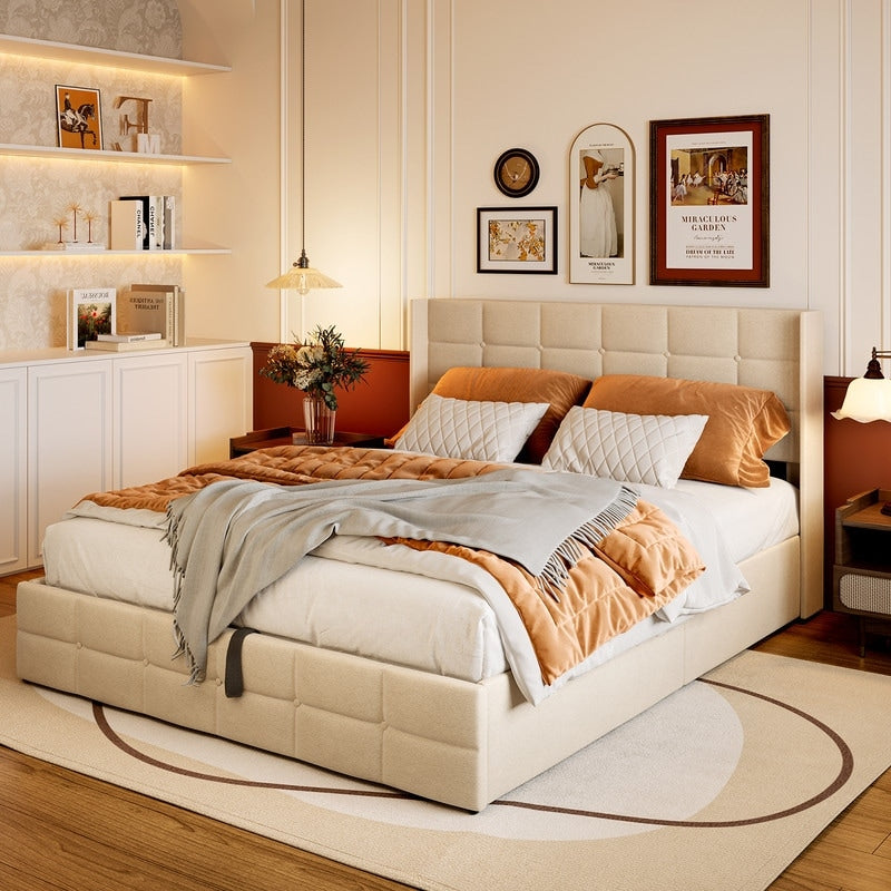 Lift Up Storage Bed Frame, Upholstered Platform Bed Frame with Hydraulic Storage System and Headboard
