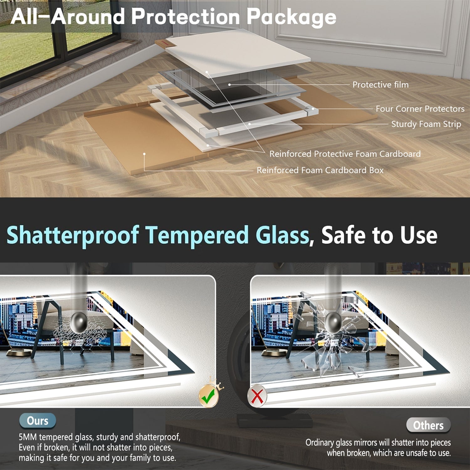 Full Size Front & Back LED Lighted Anti-fog Tempered Glass Wall Bathroom Vanity Mirror