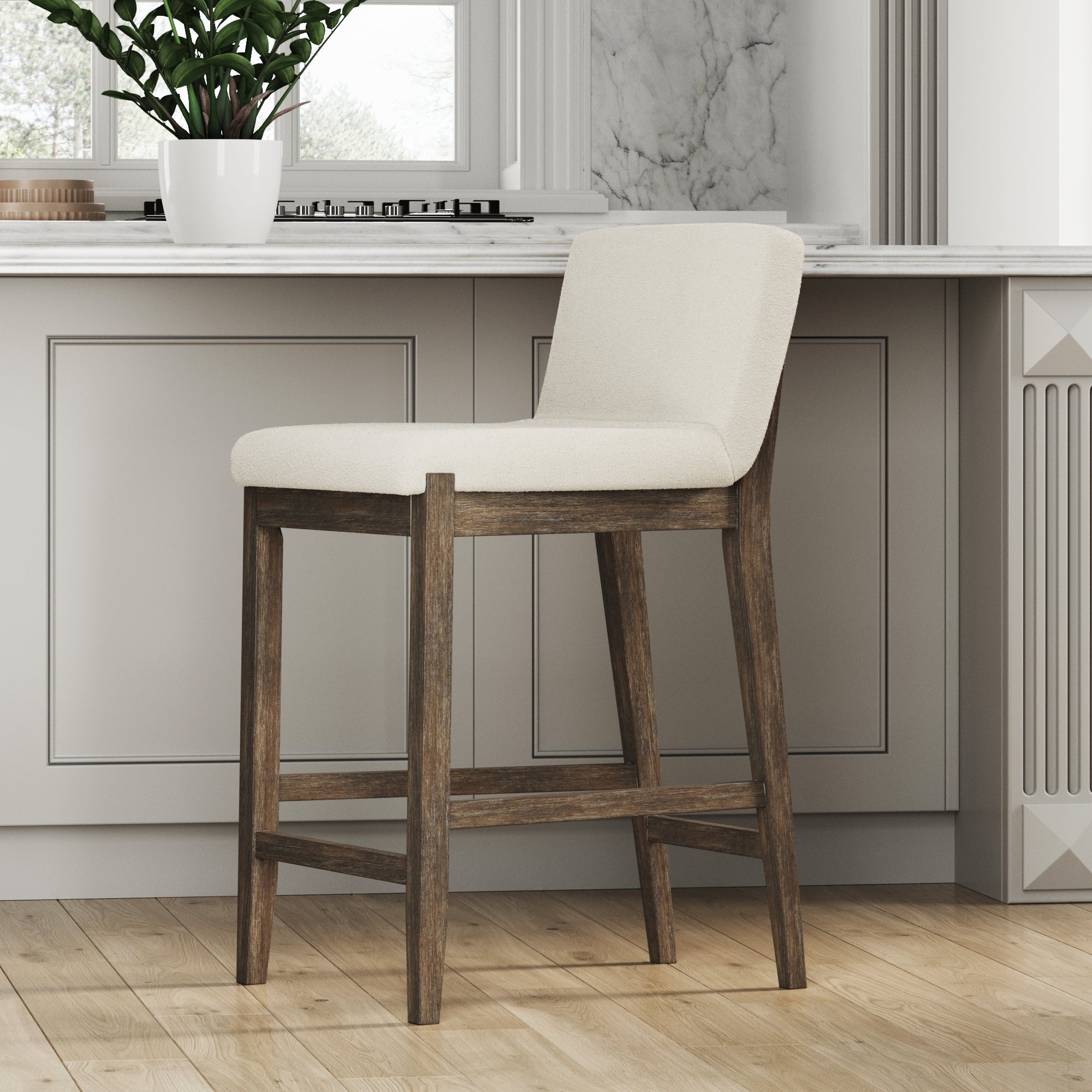 Gracie Modern Bar Stool, Boucle Upholstered Chair and Brushed Wooden Legs