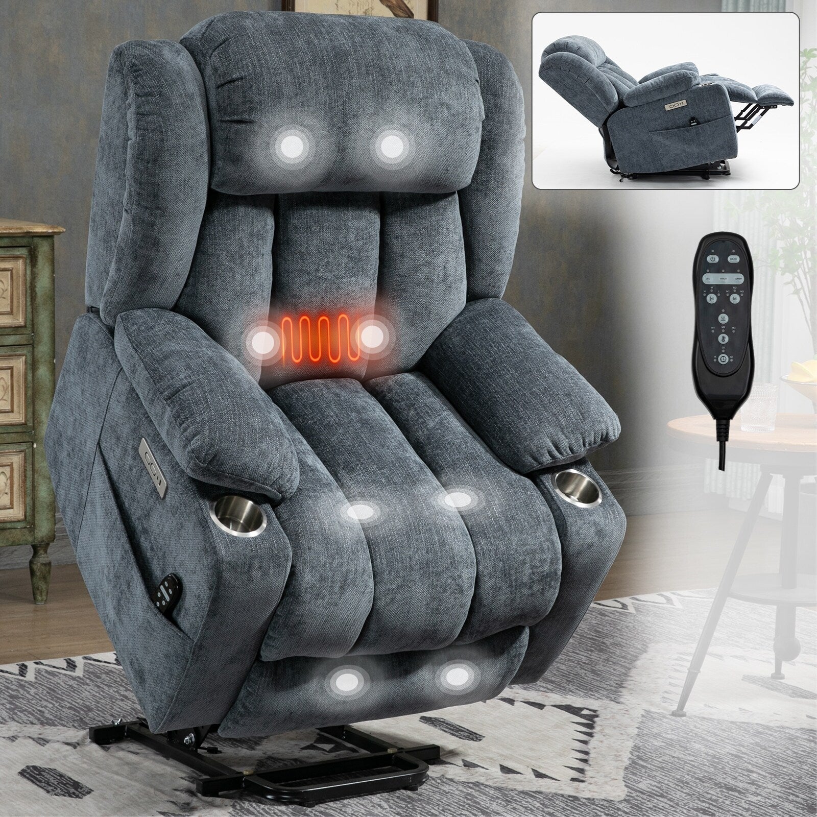 Grey Chenille Power Lift Recliner with Massage, Lumbar Heating, USB & Type-C Ports, and Stainless Steel Drink Holders
